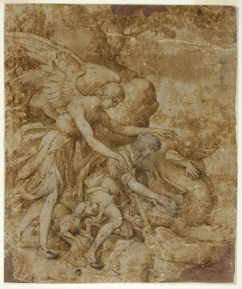 Tobias and the Angel Raphael by Jacopo Ligozzi, drawing, 1603-1607