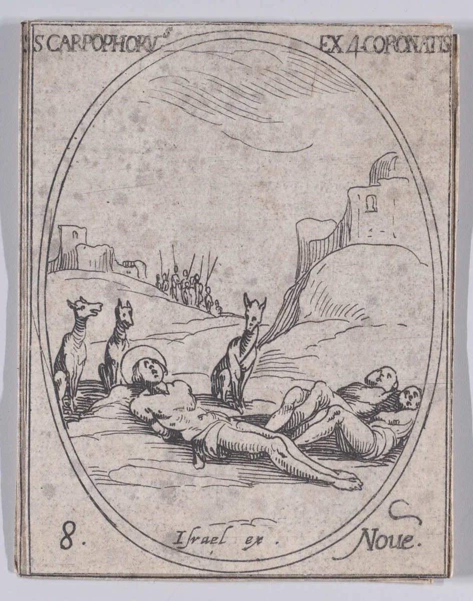 S. Carpophore et les 4 Saints Couronnés (St. Carpophorus and the 4 Crowned Saints), November 8th, from "Les Images De Tous Les Saincts et Saintes de L'Année" (Images of All of the Saints and Religious Events of the Year) by Jacques Callot, print, 1636
