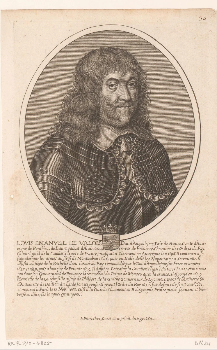 Portret van Louis-Emmanuel d'Angoulême by Pierre Daret, print, 1654