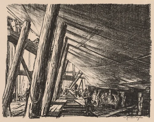 On the Clyde, 1917-1918: Building a Cross Channel Train Ferry by Muirhead Bone, print, 1917-1918
