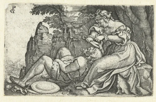 Delila knipt Simsons haar by Unknown, print, 1531-1532