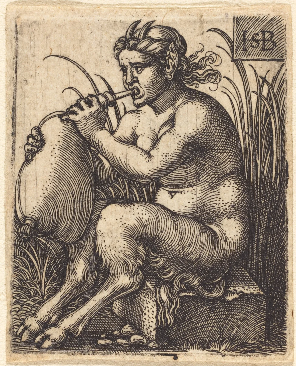 Female Satyr Playing a Bagpipe by Sebald Beham, print, 1530-1539