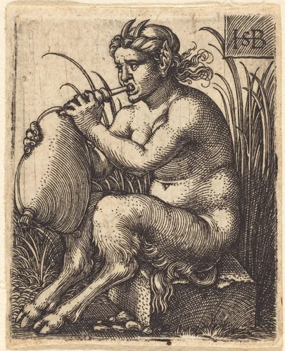 Female Satyr Playing a Bagpipe by Sebald Beham, print, 1530-1539