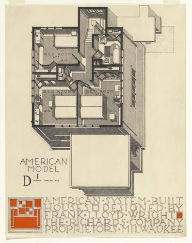 American System-Built Houses for The Richards Company project, Milwaukee, Wisconsin (Axonometric) by Frank Lloyd Wright, architecture, 1915