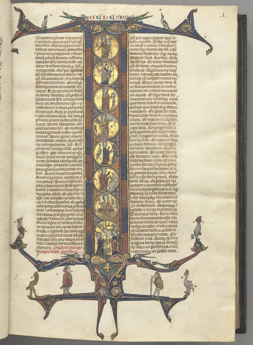 Fol. 1r, Genesis, with a full-length historiated initial I, showing the Creation and the Crucifixion, all on burnished gold grounds, with diapered pink and blue frames and cusped dragon and foliage extensions at top and bottom, on which are perched a vari by Unknown, book, 1270-1300