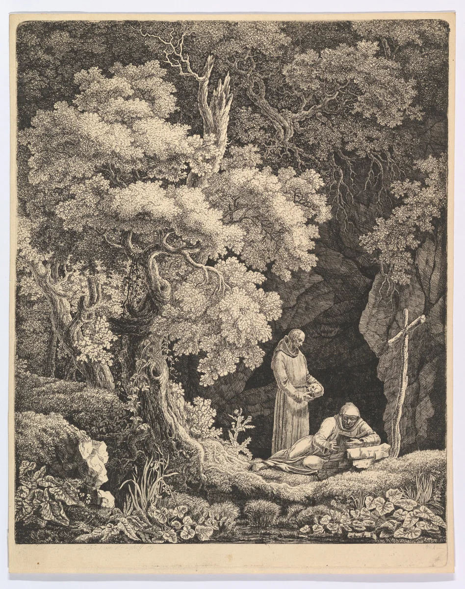 Two Monks in Contemplation in a Forest by Carl Baron von Vittinghoff, print, 1809