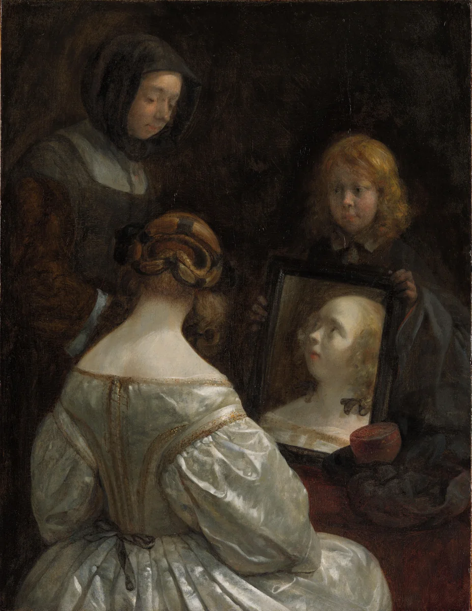 Vrouw voor de spiegel by Gerard ter Borch, painting, 1652