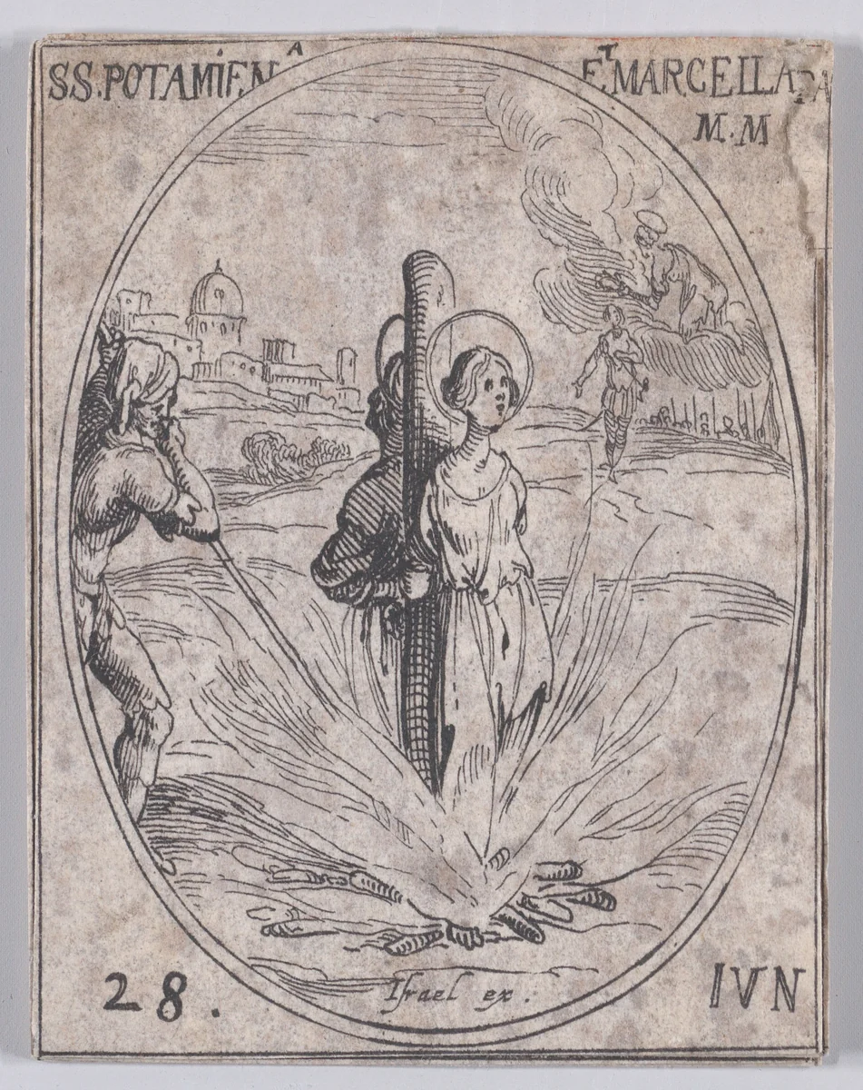 Ste. Potamienne et Ste. Marcelle, martyres (St. Potamiaena and St. Marcella, Martyrs), June 28th, from "Les Images De Tous Les Saincts et Saintes de L'Année" (Images of All of the Saints and Religious Events of the Year) by Jacques Callot, print, 1636