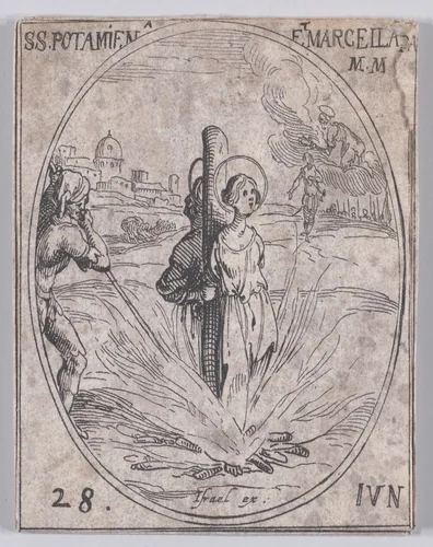 Ste. Potamienne et Ste. Marcelle, martyres (St. Potamiaena and St. Marcella, Martyrs), June 28th, from "Les Images De Tous Les Saincts et Saintes de L'Année" (Images of All of the Saints and Religious Events of the Year) by Jacques Callot, print, 1636