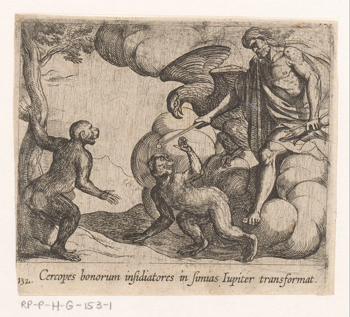 Jupiter verandert de Cercopes in apen by Antonio Tempesta, print, 1606-1638