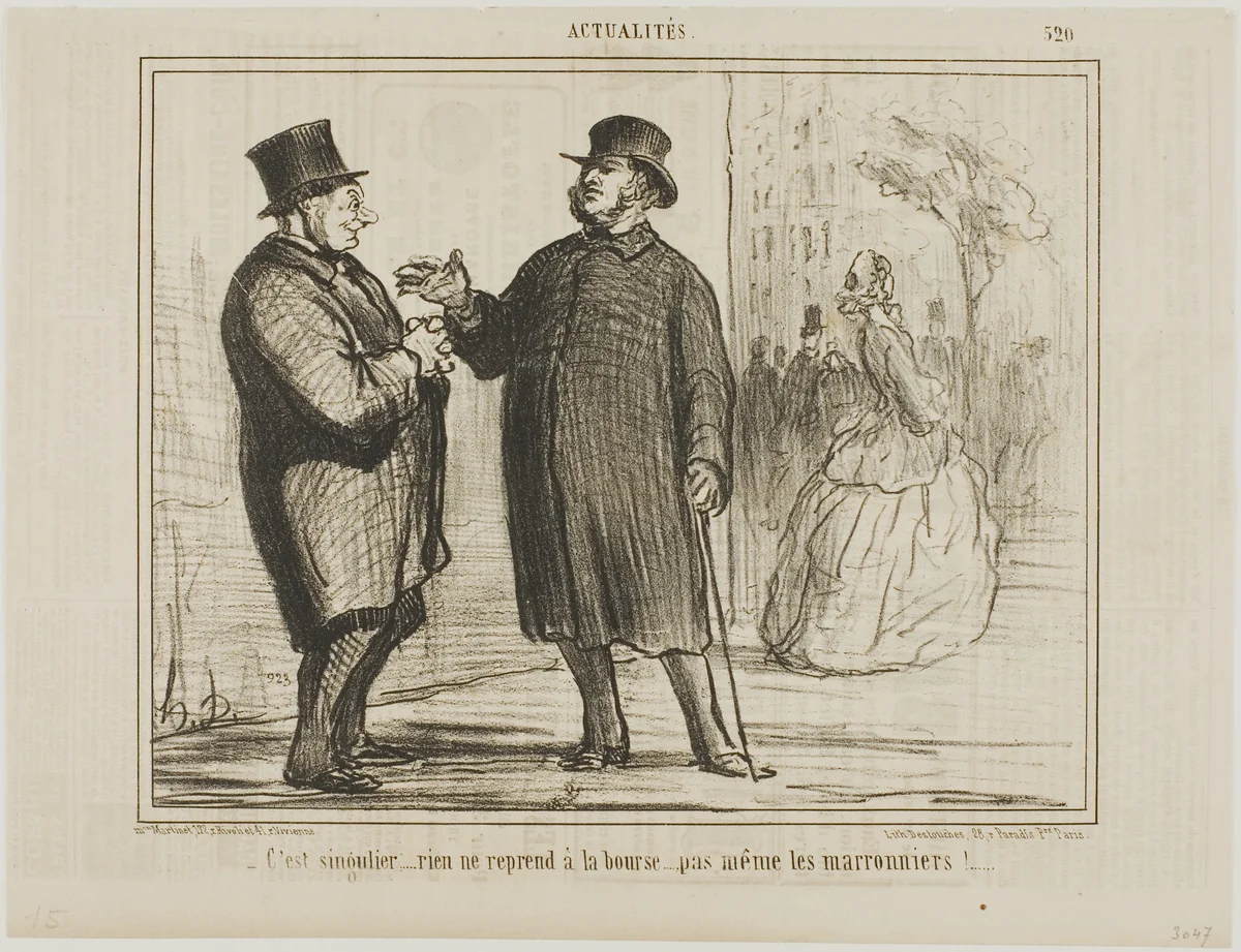 It’s strange: nothing is picking up at the stock exchange, not even the chestnut trees!, plate 520 from Actualités by Honoré-Victorin Daumier, print, 1858