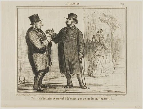 It’s strange: nothing is picking up at the stock exchange, not even the chestnut trees!, plate 520 from Actualités by Honoré-Victorin Daumier, print, 1858