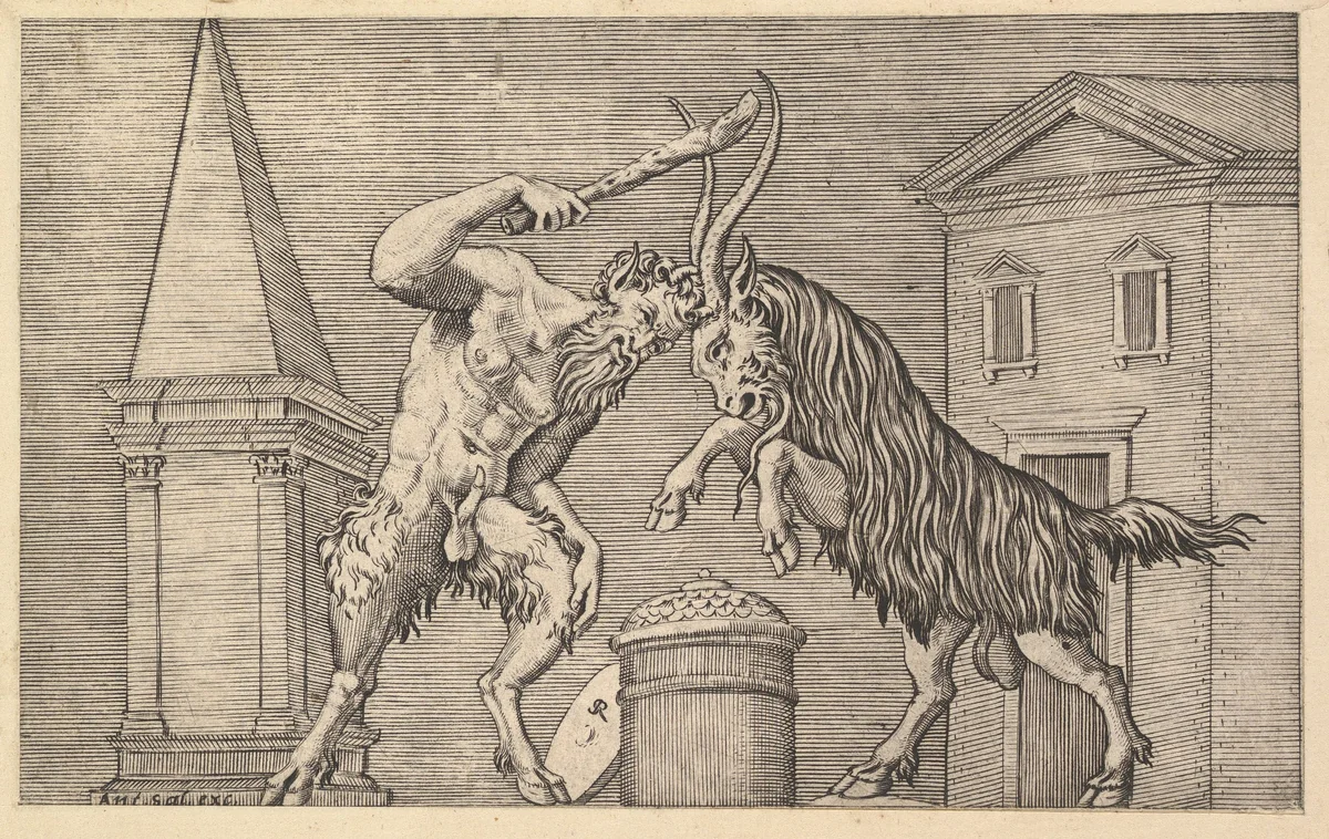 A Satyr and a Ram Clashing, from "Speculum Romanae Magnificentiae" by Marco Dente, print, 1530-1550