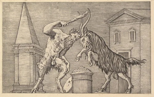 A Satyr and a Ram Clashing, from "Speculum Romanae Magnificentiae" by Marco Dente, print, 1530-1550