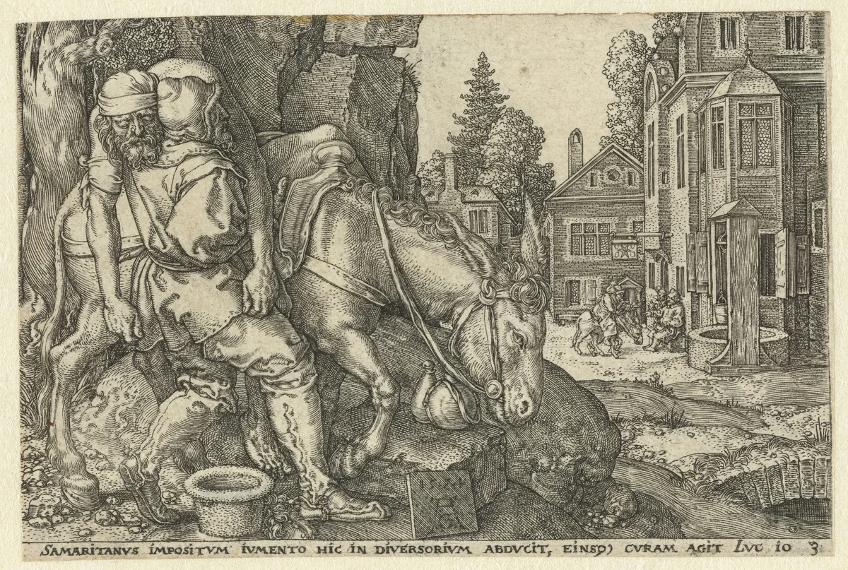 Barmhartige Samaritaan legt de gewonde man op zijn ezel by Unknown, print, 1554