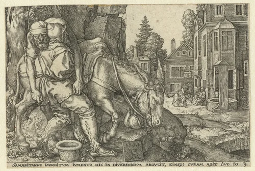 Barmhartige Samaritaan legt de gewonde man op zijn ezel by Unknown, print, 1554