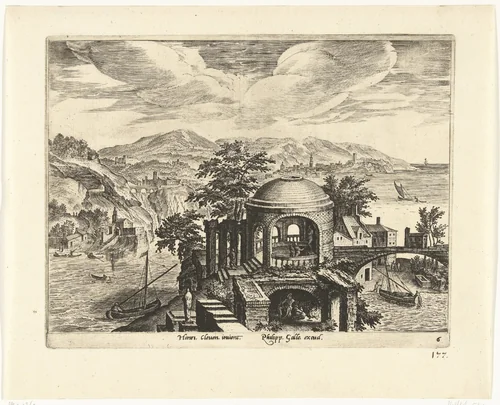 Landschap met een rivier en een ruïne van een tempel by Adriaen Collaert, print, 1587