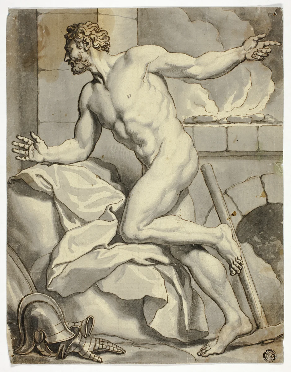 Male Nude Kneeling beside a Furnace (Vulcan?), with Helmet and Metal Gloves on Floor by Louis Chéron, drawing, 1680-1730