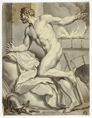 Male Nude Kneeling beside a Furnace (Vulcan?), with Helmet and Metal Gloves on Floor by Louis Chéron, drawing, 1680-1730