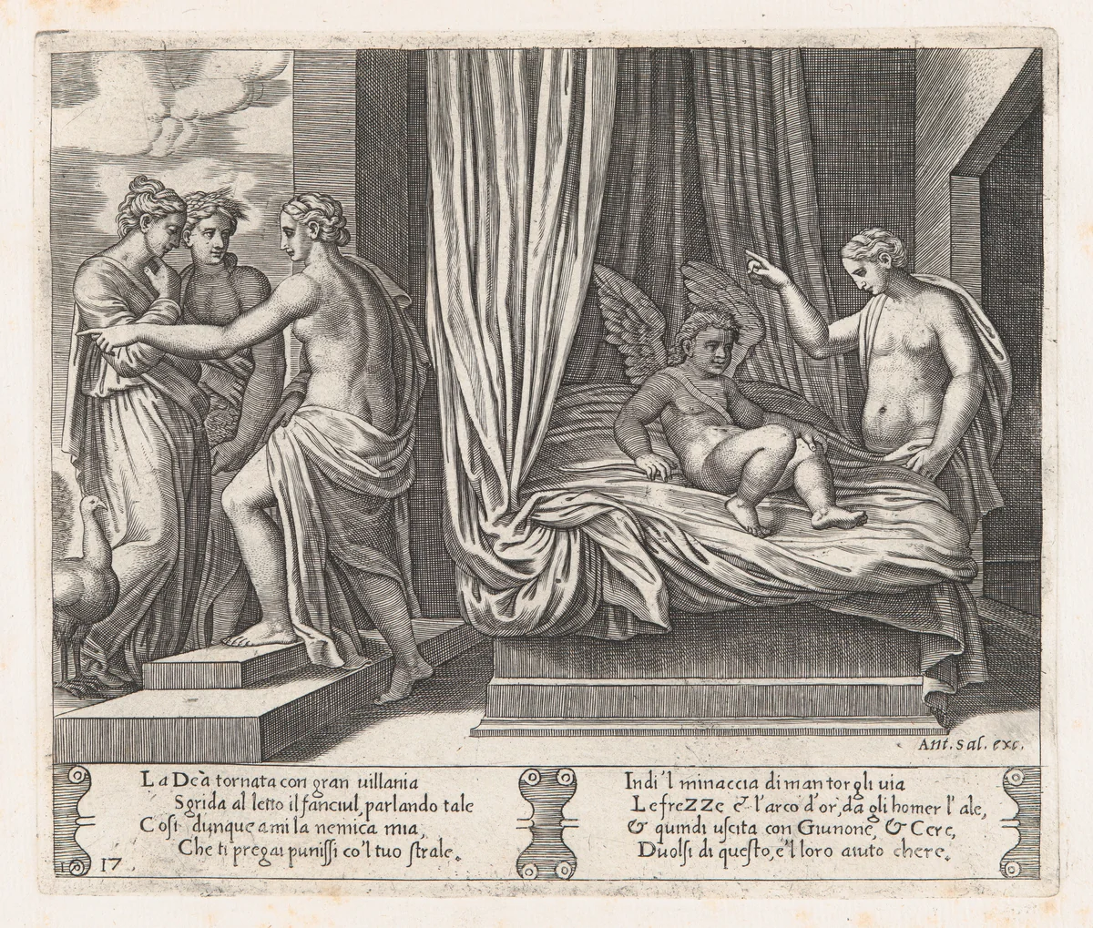 Plate 17: Venus chastising Cupid, who sits on a bed, with Psyche at right, from "The Story of Cupid and Psyche as told by Apuleius" by Master of the Die, print, 1530-1560