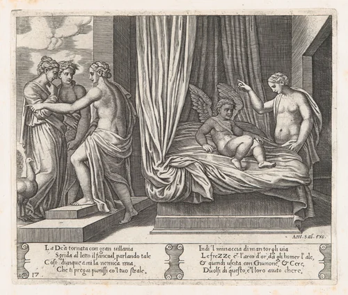 Plate 17: Venus chastising Cupid, who sits on a bed, with Psyche at right, from "The Story of Cupid and Psyche as told by Apuleius" by Master of the Die, print, 1530-1560