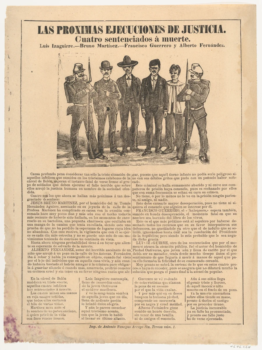 Broadsheet relating to the execution of four men in the name of justice by José Guadalupe Posada, print, 1885-1895