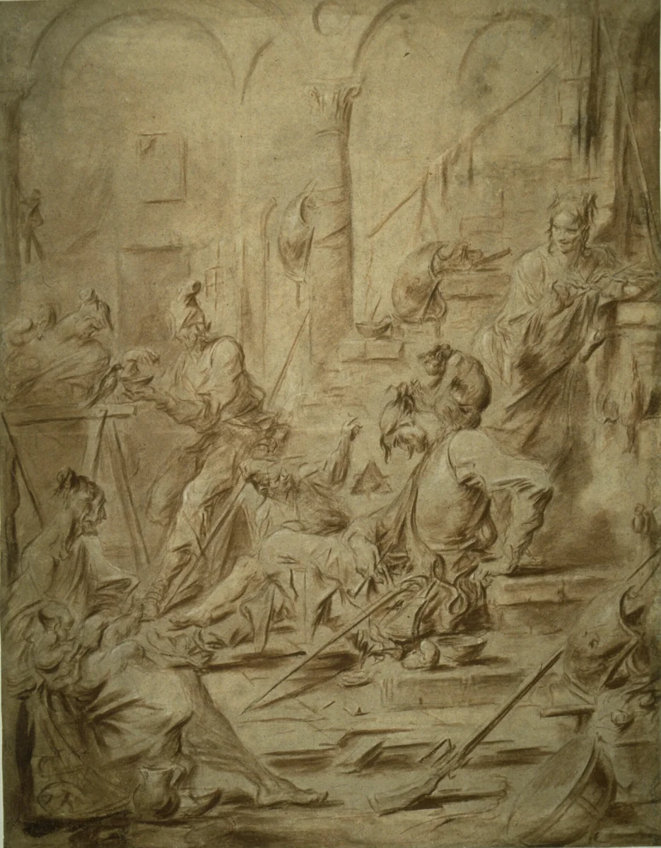 Picaresque Group with a Monkey and a Magpie by Alessandro Magnasco, drawing, 1720-1725