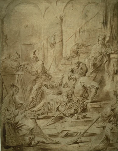 Picaresque Group with a Monkey and a Magpie by Alessandro Magnasco, drawing, 1720-1725