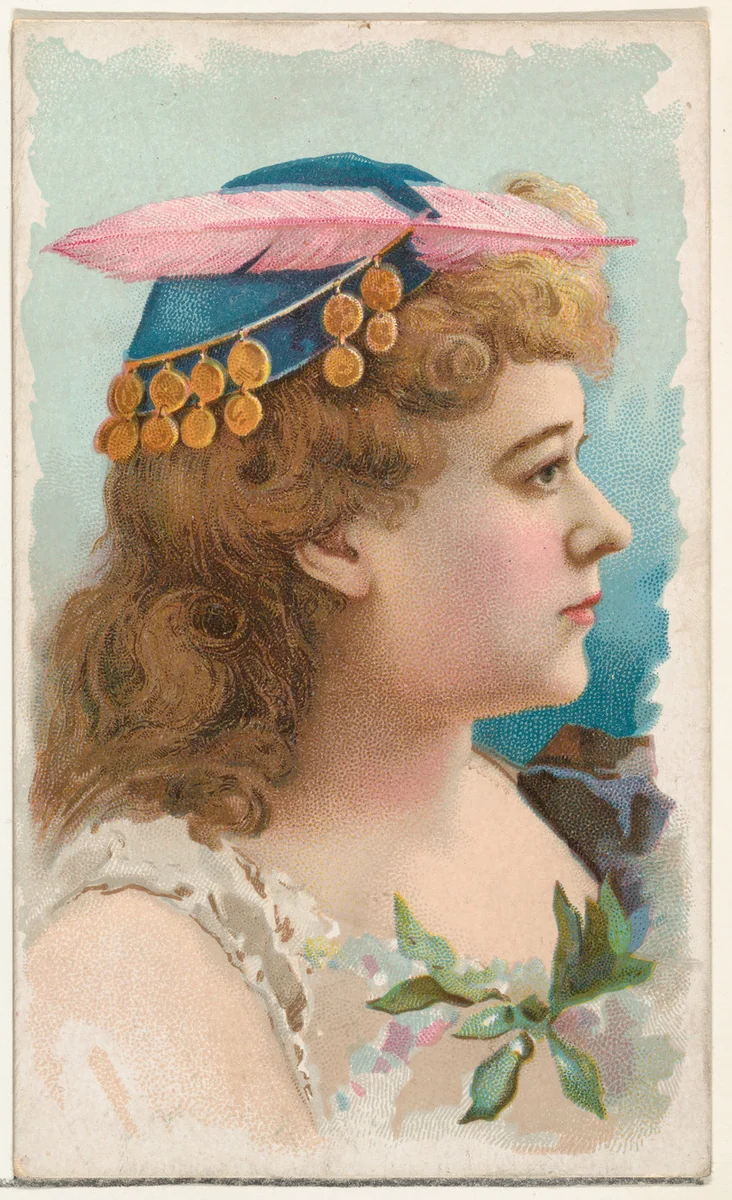 Actress wearing blue cap with pink feather, from Stars of the Stage, First Series (N129) issued by W. Duke, Sons & Co. to promote Honest Long Cut Tobacco by W. Duke, Sons & Co., print, 1890