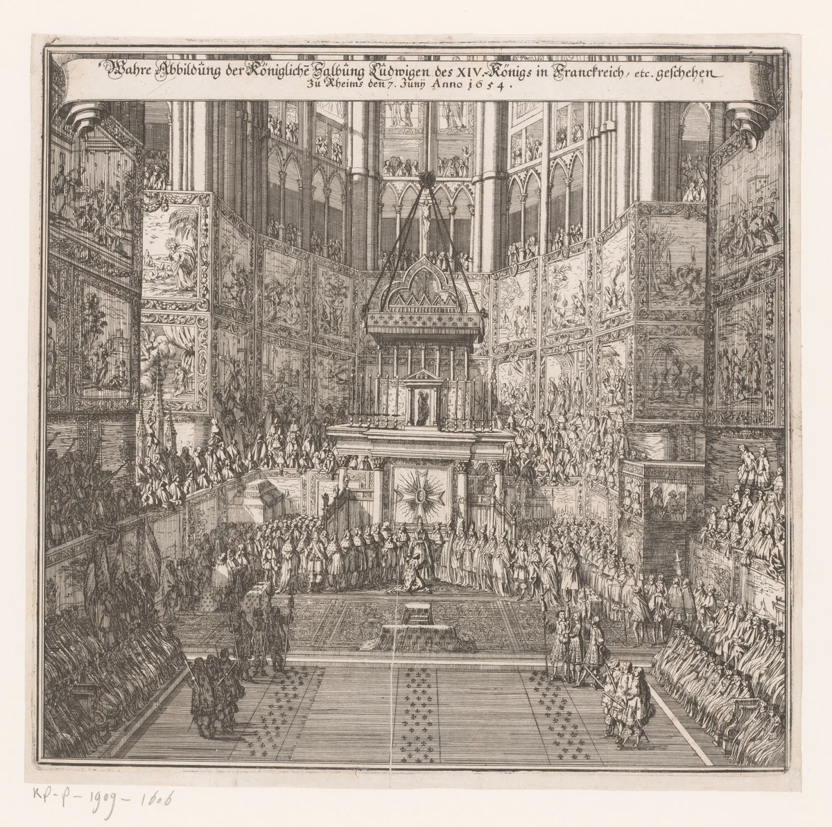 Kroning van Lodewijk XIV in de kathedraal van Reims by anonymous, print, 1654