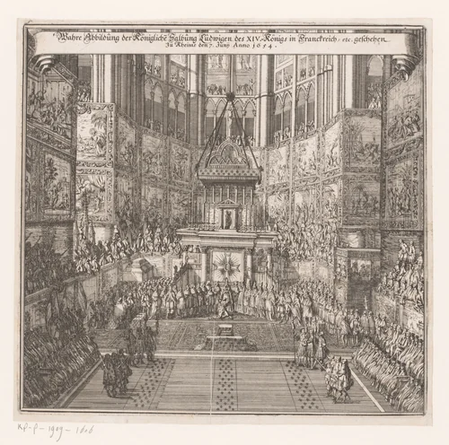 Kroning van Lodewijk XIV in de kathedraal van Reims by anonymous, print, 1654