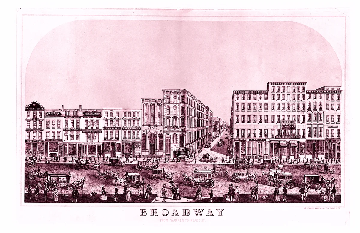 Broadway, New York from Warren to Reade Street by Dumcke and Keil, print, 1850-1860