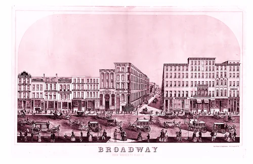 Broadway, New York from Warren to Reade Street by Dumcke and Keil, print, 1850-1860