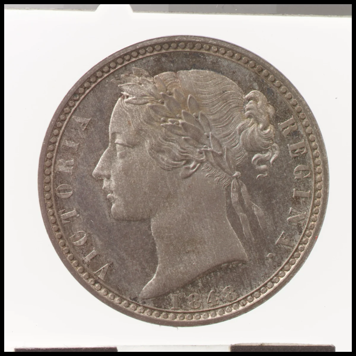 Queen Victoria proof florin by William Wyon, metalwork, 1843-1853