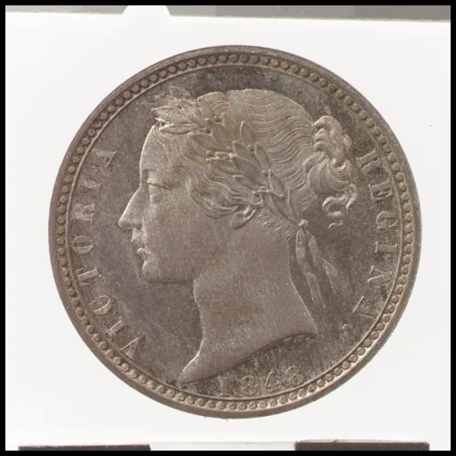 Queen Victoria proof florin by William Wyon, metalwork, 1843-1853