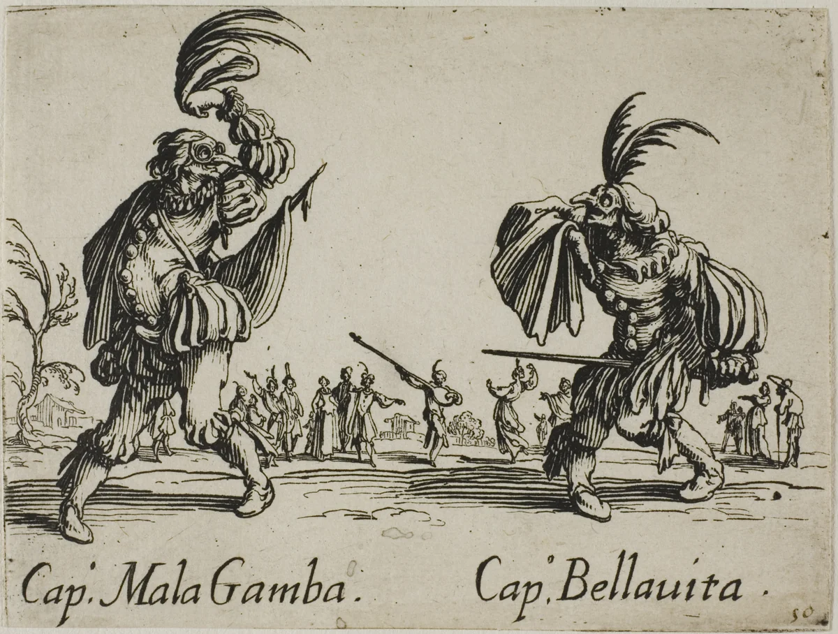Capitano Mala Gamba - Capitano Bellavita, plate 15 from Balli di Sfessania by Jacques Callot, print, 1617-1627
