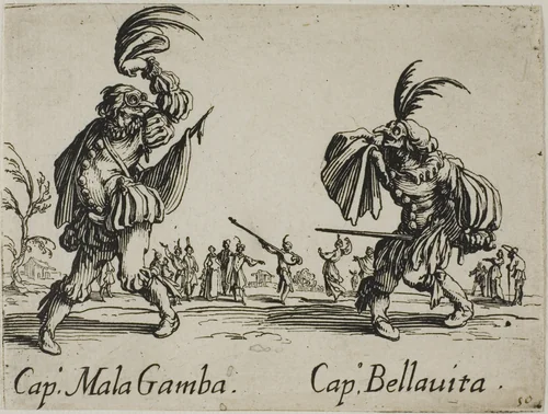 Capitano Mala Gamba - Capitano Bellavita, plate 15 from Balli di Sfessania by Jacques Callot, print, 1617-1627