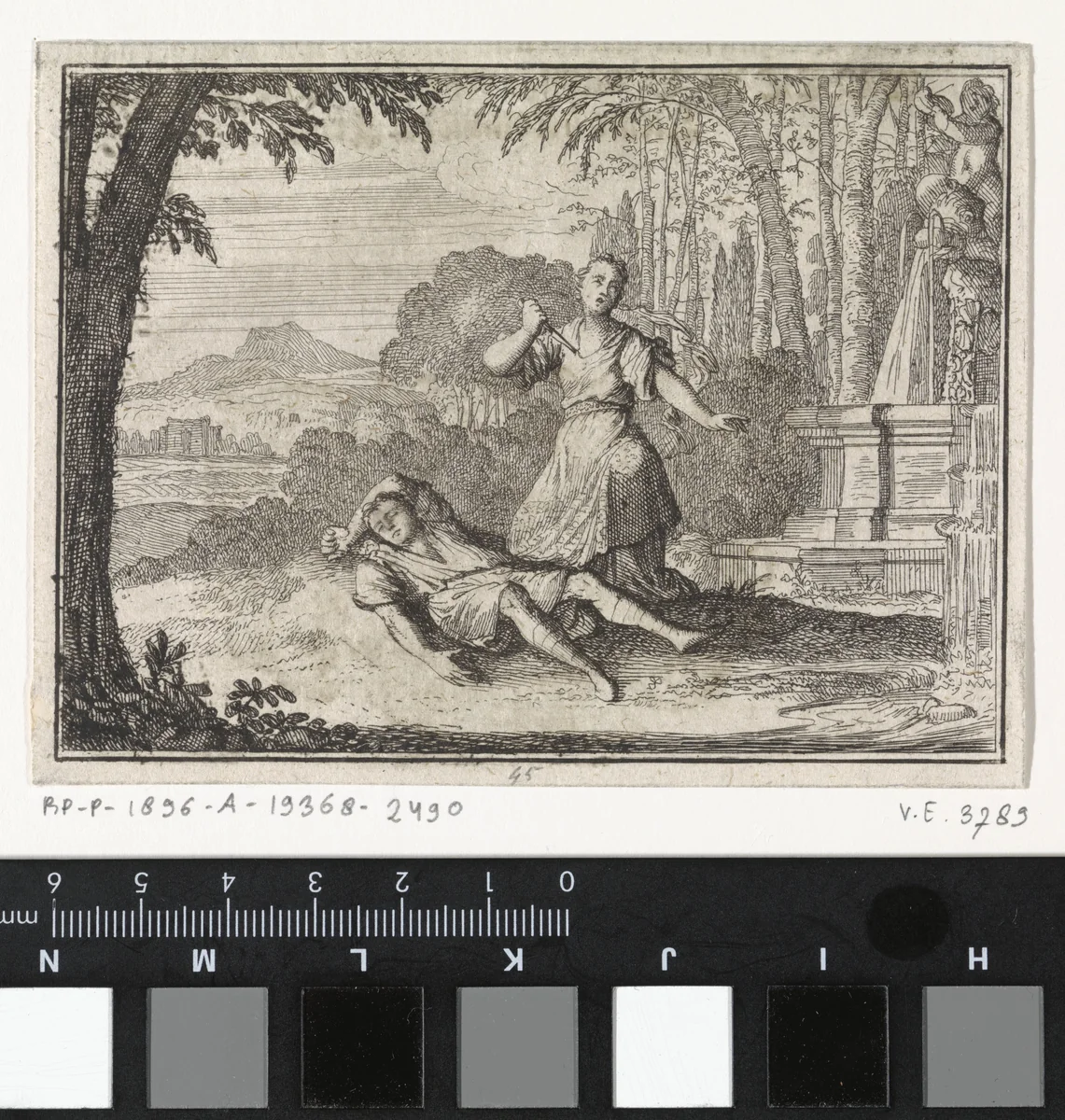 Vrouw doorsteekt zichzelf met een mes bij de aanblik van haar vermoorde geliefde by Caspar Luyken, print, 1710