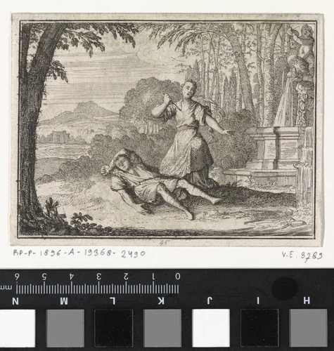 Vrouw doorsteekt zichzelf met een mes bij de aanblik van haar vermoorde geliefde by Caspar Luyken, print, 1710