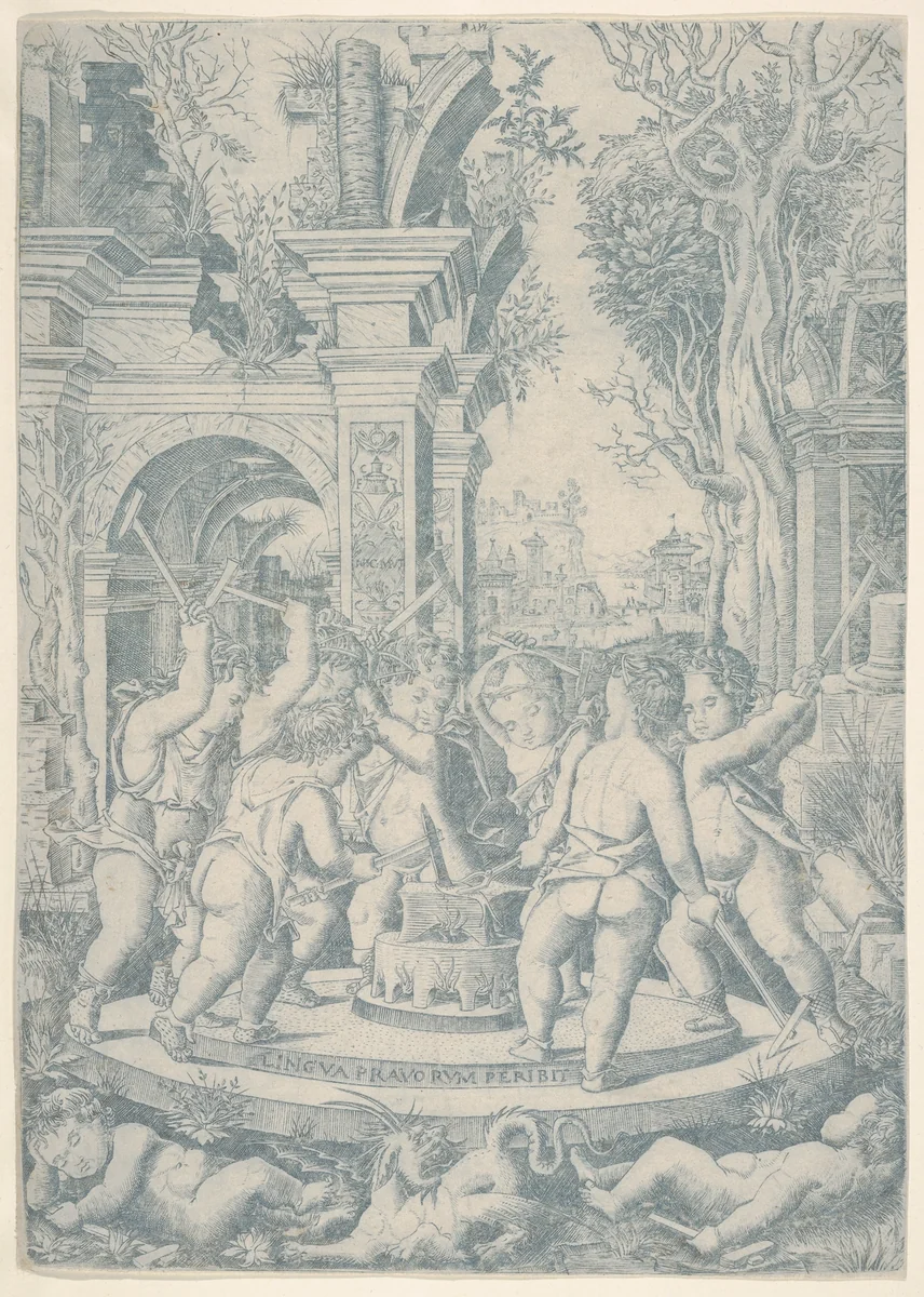 The fate of an evil tongue; seven putti stand around an anvil on which they hammer a tongue, landscape and architecture behind by Nicoletto da Modena, print, 1502-1512