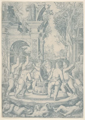 The fate of an evil tongue; seven putti stand around an anvil on which they hammer a tongue, landscape and architecture behind by Nicoletto da Modena, print, 1502-1512