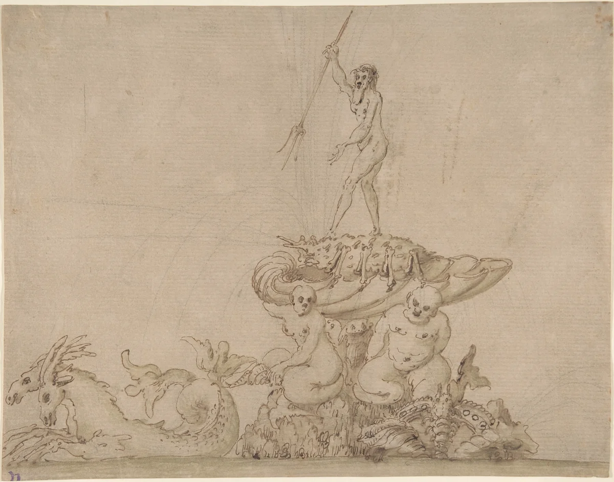 Fountain with Neptune and Sea Creatures by anonymous, drawing, 1600-1699