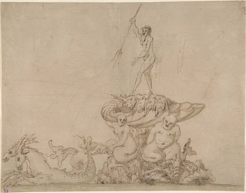 Fountain with Neptune and Sea Creatures by anonymous, drawing, 1600-1699