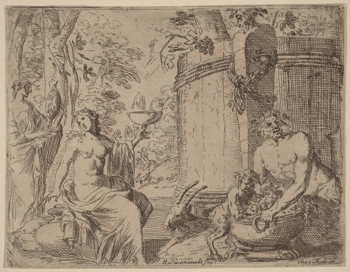 Two Nymphs and a Satyr before a Large Vat by Herman van Swanevelt, print, 1600-1655