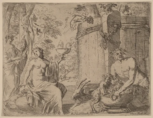 Two Nymphs and a Satyr before a Large Vat by Herman van Swanevelt, print, 1600-1655