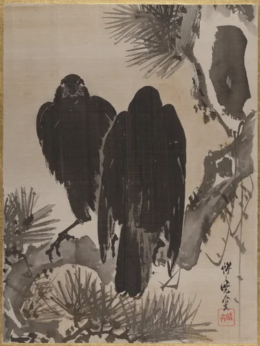 Two Crows on a Pine Branch by Kawanabe Kyōsai (河鍋暁斎), painting, 1877-1897