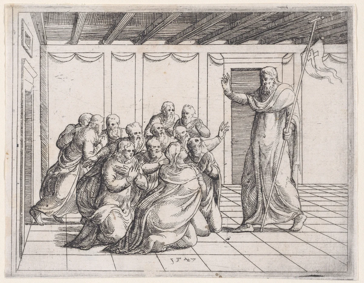 Risen Christ Appearing to the Disciples, from Old and New Testaments by Augustin Hirschvogel, print, 1547
