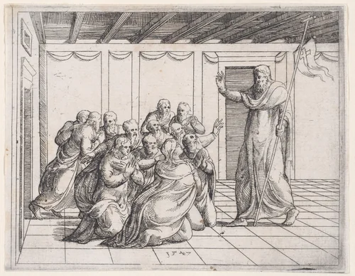 Risen Christ Appearing to the Disciples, from Old and New Testaments by Augustin Hirschvogel, print, 1547