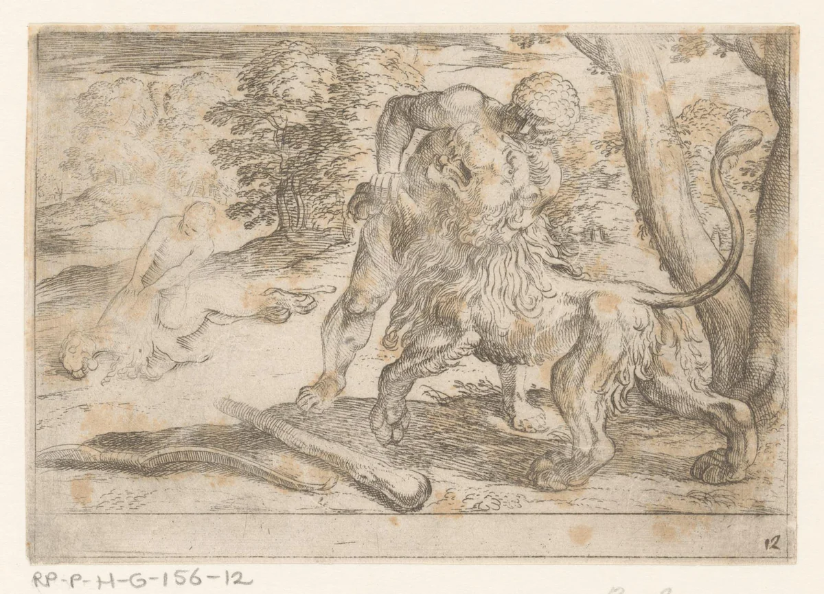 Hercules en de Nemeïsche leeuw by Antonio Tempesta, print, 1608