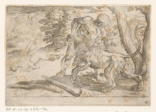 Hercules en de Nemeïsche leeuw by Antonio Tempesta, print, 1608